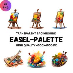 easel-pallet clipart pack, 36 transparent, high quality, pastel art supplies, cute artists, painter, digital download, c