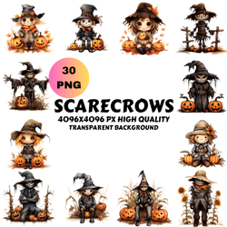 scarecrow clipart halloween, themed pumpkin patch haunted field graphics evil scary harvest reaper png bundle commercial