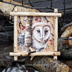 cute barn owl birch bark painting