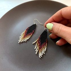 black ivory ombre earrings - beaded earrings - fringe dangle earrings - jewelry gift - bohemian earrings