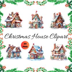 20 png watercolor christmas house clipart, merry christmas cottage house clip art, winter village holiday graphic png,