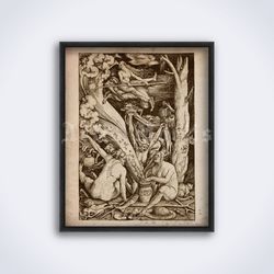 naked witch flying on goat to the sabbath 1545 medieval printable art print poster digital download