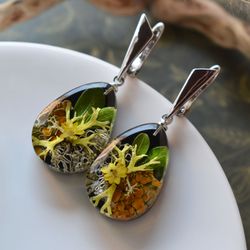 real lichen earrings. earrings with lichen. real lichen in resin.