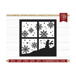 winter window scene svg, snowman svg cut file, window pane with snow, snowy christmas svg png dxf, commercial use, decal