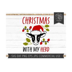 christmas cow svg cut file for cricut, christmas with my herd svg, cow with santa hat svg for christmas shirt, holiday d
