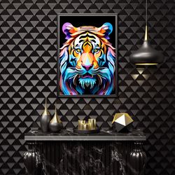 colorful tiger head digital wall art, 3d colorful tiger design, colorful unique tiger design home decoration