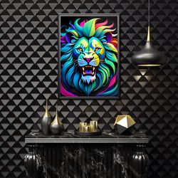 colorful lion head digital wall art, 3d colorful lion design, colorful unique lion design home decoration