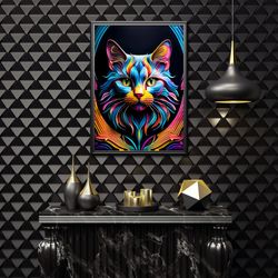 colorful cat head digital wall art, 3d colorful cat design, colorful unique cat design home decoration