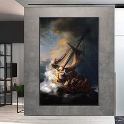 rembrandt, the storm on the sea of galilee poster, christian canvas wall decor, dark printable wall art, classical art p