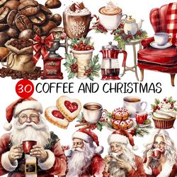 cozy christmas coffee watercolor clipart | santa claus png, dessert, cup, mug, cookie, donut, cupcake, candy cane, leave