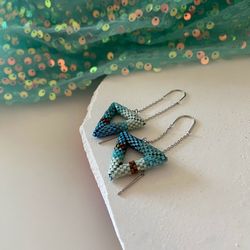 blue sage triangular beaded earrings with rhodium plated chain ear wire, high quality unique handwoven jewelry gift