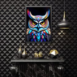 colorful owl head digital wall art, 3d colorful owl design, colorful unique owl design home decoration