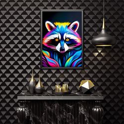 colorful raccoon head digital wall art, 3d colorful raccoon design, colorful unique raccoon design home decoration