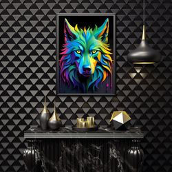 colorful wolf head digital wall art, 3d colorful wolf design, colorful unique wolf design home decoration