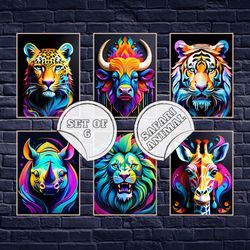 set of 6 colorful safari animals digital wall art, 3d colorful safari animals bundle, colorful safari design wall art
