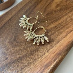 beaded hoops earrings with gold pelals, flowers earrings, high quality unique handwoven jewelry, boho western festival e