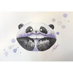 panda painting fashion illustration lips original watercolor smile artwork mouth wall art