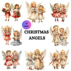 christmas angels watercolor clipart, christmas vintage clipart png, angels clipart, paper craft - junk journal,