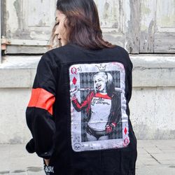 harley quinn inspired hand-painted street art denim jacket