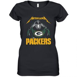 metallica skeleton flag green bay packers women&039s v-neck t-shirt