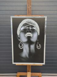 african women canvas painting ,glitter textured framed canvas, handcrafted glitter texture, framed wall art, framed canv