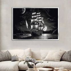 black and white pirate ship canvas print, nautical wall decor, ocean art, gift for pirate lover