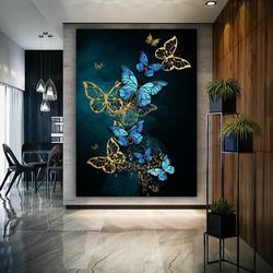 blue butterflies canvas, gold glitter embroidered butterfly art, flying butterflies , butterfly print, butterfly paintin