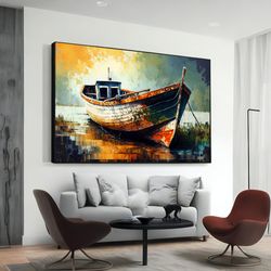 canvas print of beached boat, coastal wall decor, nautical artwork, ocean seascape, beach theme painting