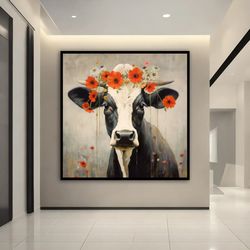 cow with flower head canvas painting, cute cow painting, funny cow wall painting, cow poster, cow home gift