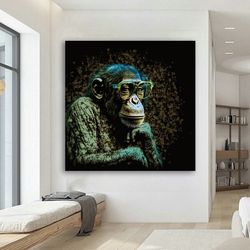 monkey with glasses art, monkey painting, thinking monkey art, black white monkey canvas print