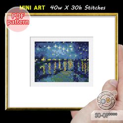 cross stitch pattern pdf tiny small great famous paintings masterpiece,so-fa49 'starry night over the rhone by gogh'