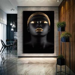 african girl canvas print, black canvas wall art, african woman canvas painting, modern wall art, gold glitter textured