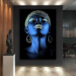 african wall art, gold glitter textured painting, blue faced ethnic woman art