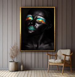 african woman canvas painting, face makeup art black girl poster, ethnic woman canvas print, african woman portrait