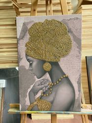 african woman glitter embroidered canvas painting,black woman paintinghandwork wall decor,gold african woman