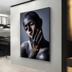 african woman with makeup wall art, canvas art wall, modern print home decor, ethnic girl art, , gold glitter textured c