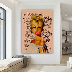 brigitte bardot canvas, gummy woman painting, graffiti famous woman decor, gummy woman pop art, graffiti woman art