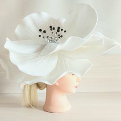 fascinator large anemone white with pearl beads bridal hairpiece, wedding hats for bride, bridesmaids, mother of the bri