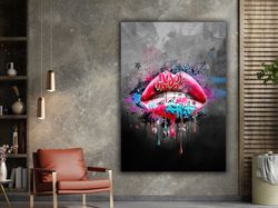 red lip canvas, graffiti lip painting, sexy lip painting, lip wall art, pop art lip canvas painting