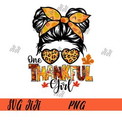 one thankful girl png, thanksgiving messy bun leopard fall autumn png, fall vibes png