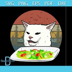 cat eating svg, animal svg, white cat svg, food svg, vegetable svg, retro vintage svg, cats food svg, cats breakfast svg