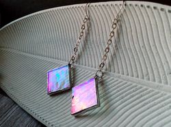 iridescent stained glass, clear earrings, cute squar earrings, dichroic earrings, duochrome earrings