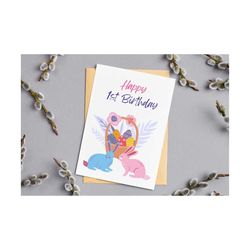 baby 1st birthday card | first birthday girl | printable cute animal card | cute rabbit card | digital download
