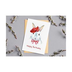 bunny birthday card printable, digital blank birthday card printable, instant download birthday card printable