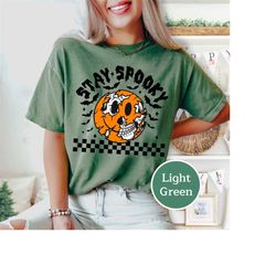 comfort colors retro stay spooky shirt, funny ghost shirt, pumpkin halloween skeleton shirt, trick or treat shirt, hallo