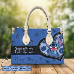 custom name i will bite you stitch leather handbag, stitch lovers handbag,stitch women bags