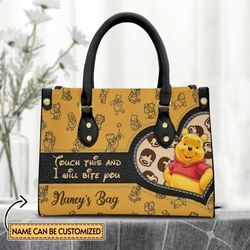 custom name i will bite you winnie the pooh leather handbag, pooh disney handbag, disney fan gift