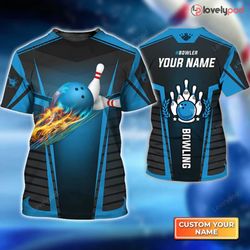 bowlerthe blue bowling ball in flames 3d tshirt - personalized name breaks white skittles