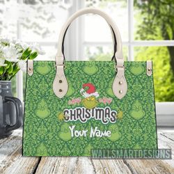 personalized grinch christmas handbag, the grinch handbag, grinch leatherr handbag