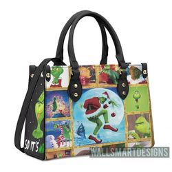 personalized grinch christmas moment collection handbag, the grinch handbag, grinch leatherr handbag